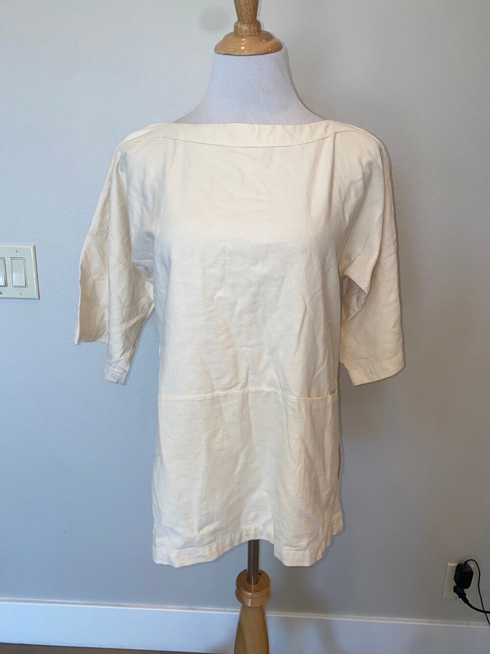 Black Crane Cotton Boat Neck Top Ivory 3/4 Sleeves Boxy Lagenlook size XS